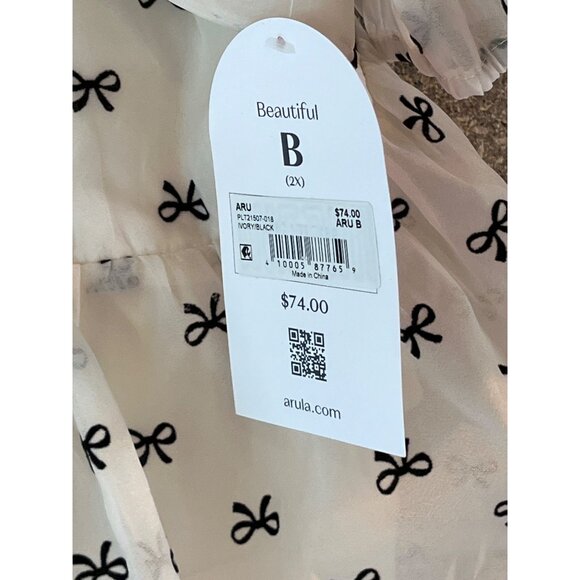 Arula Womens Ivory/Black Puff Sleeve Top With Bow Print Size 2X Polyester Blend - Picture 2 of 9